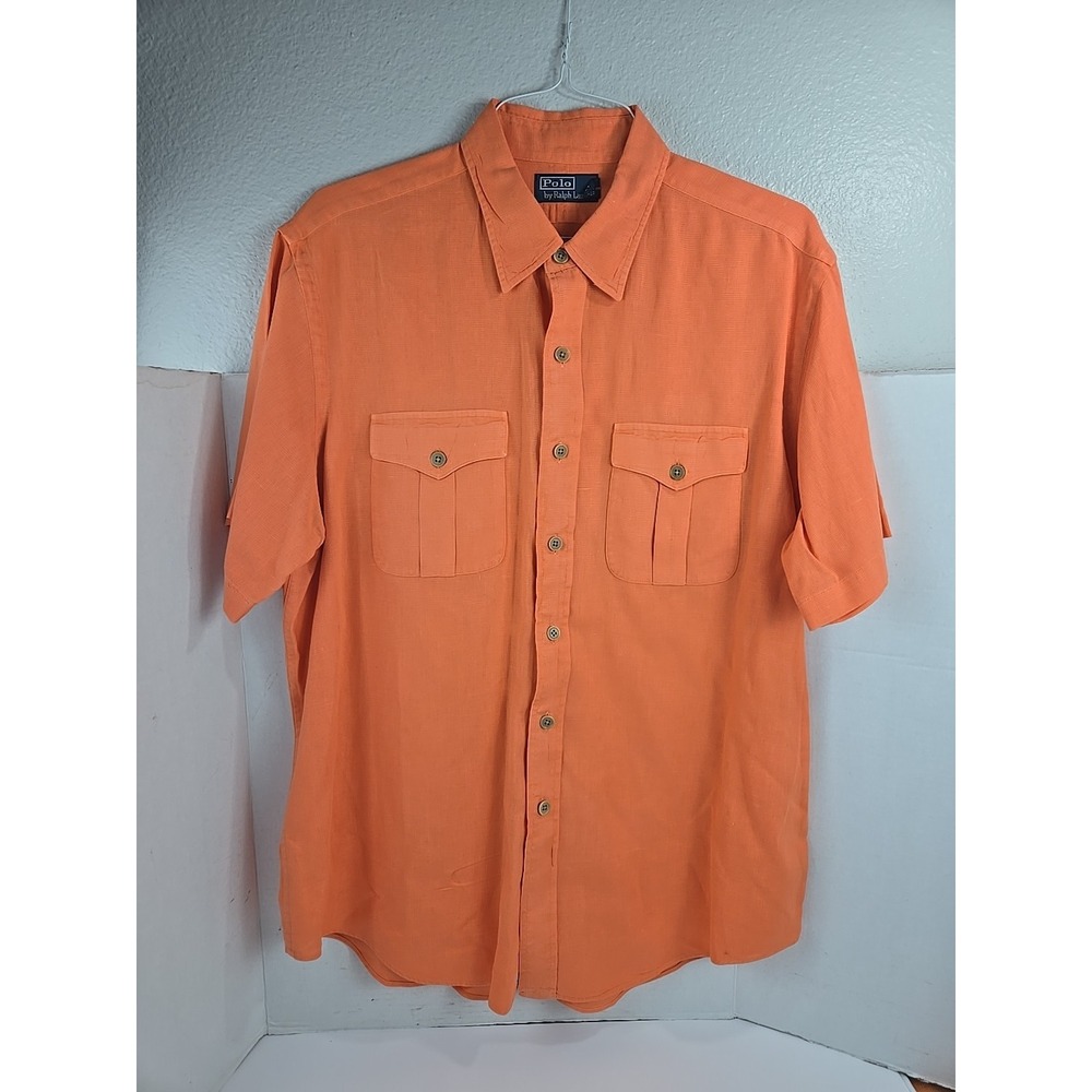Vtg Polo Ralph Lauren Shirt Men's XL Orange Linen Blend Button Up Pockets MINT